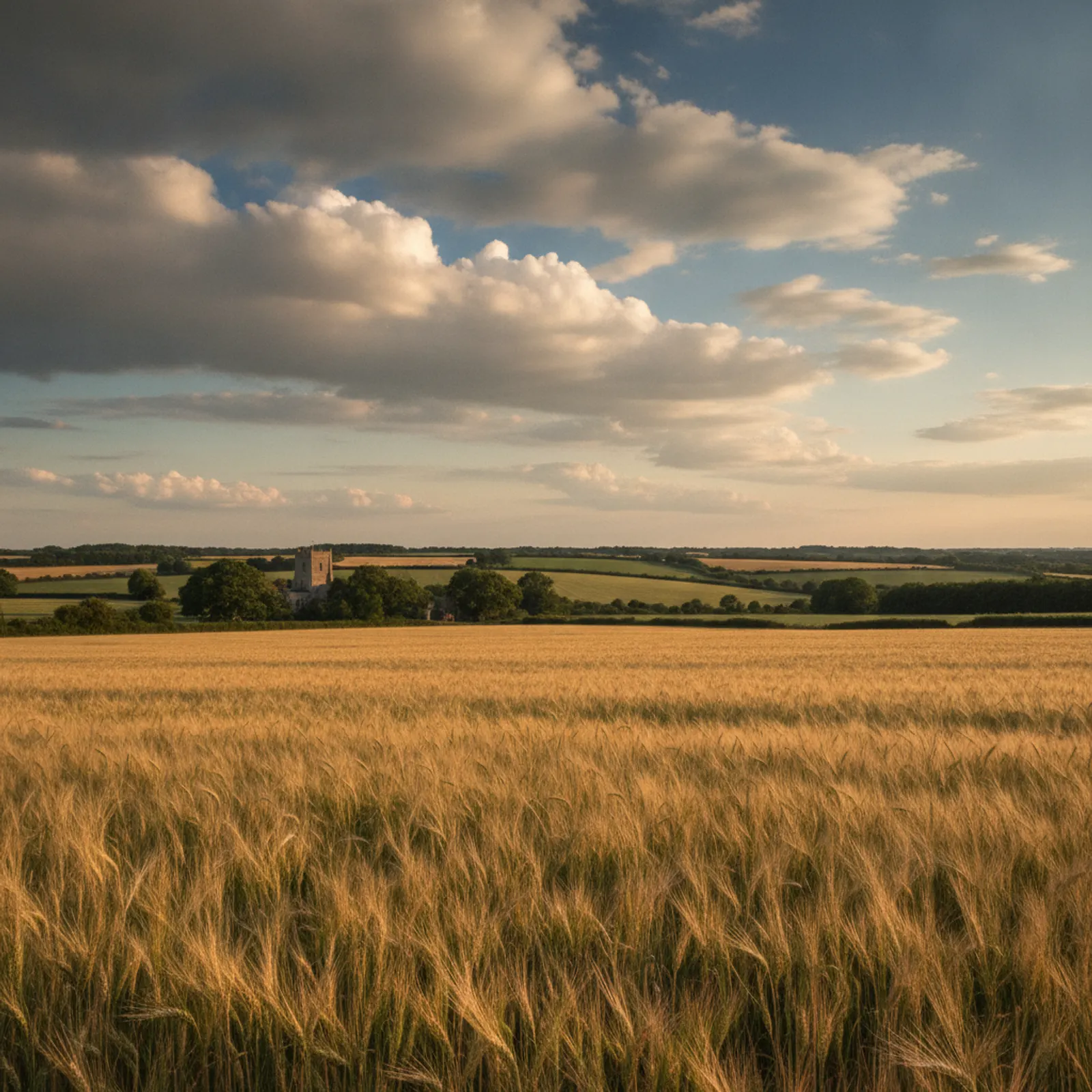 Golden wheat field under a vast Suffolk sky with tall clouds and a distant church tower