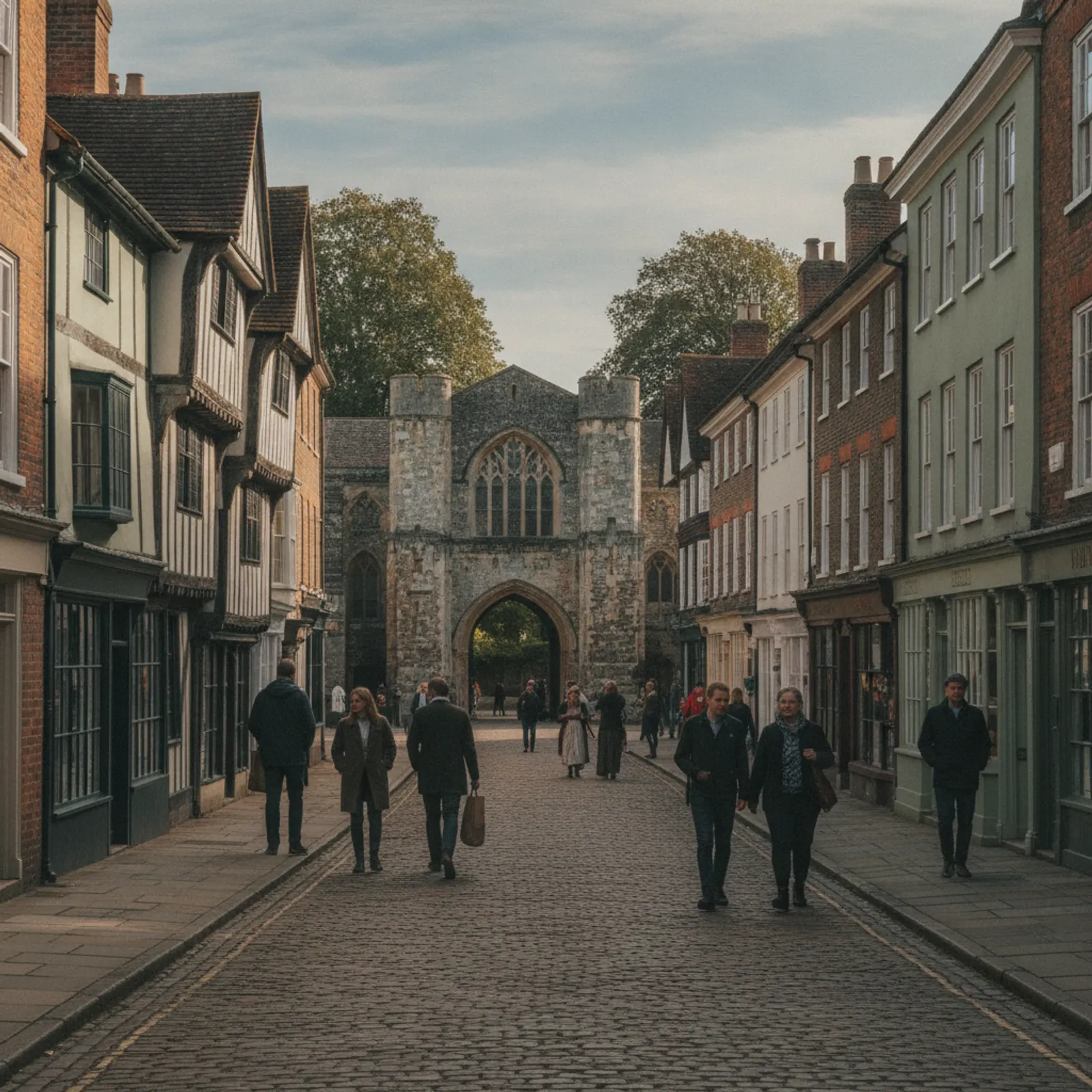 Historic market town street with an abbey gateway in the distance