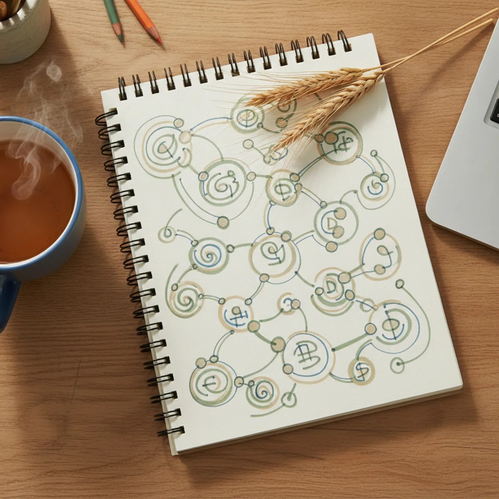 Notebook with hand-drawn keyword plans beside a cup of tea and a sprig of wheat