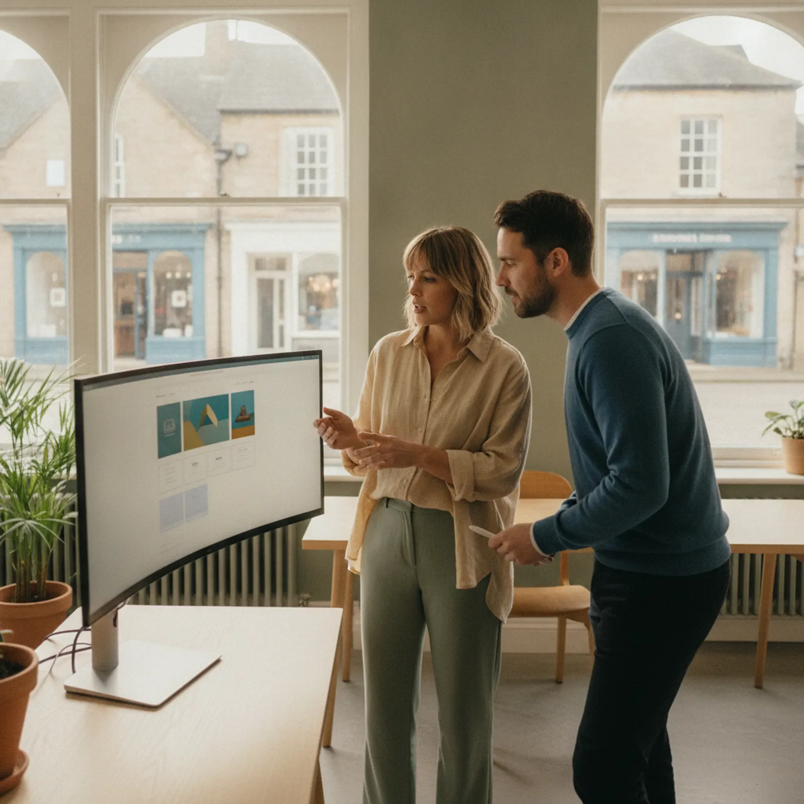 Colleagues reviewing a website on a large screen in a town-centre office