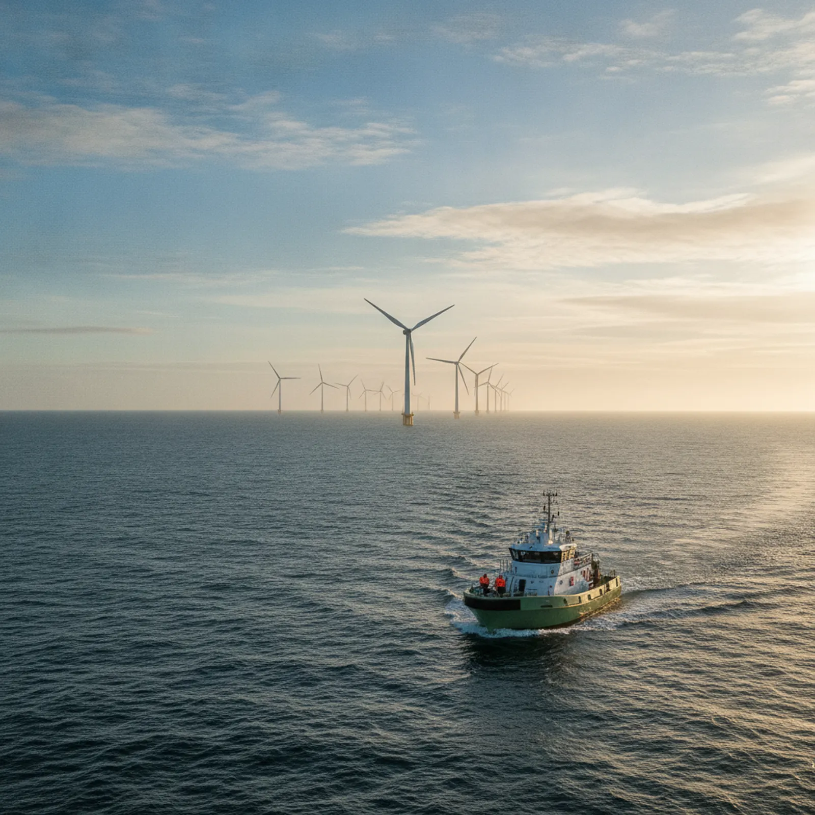 Offshore wind turbines on the North Sea horizon with a crew transfer vessel
